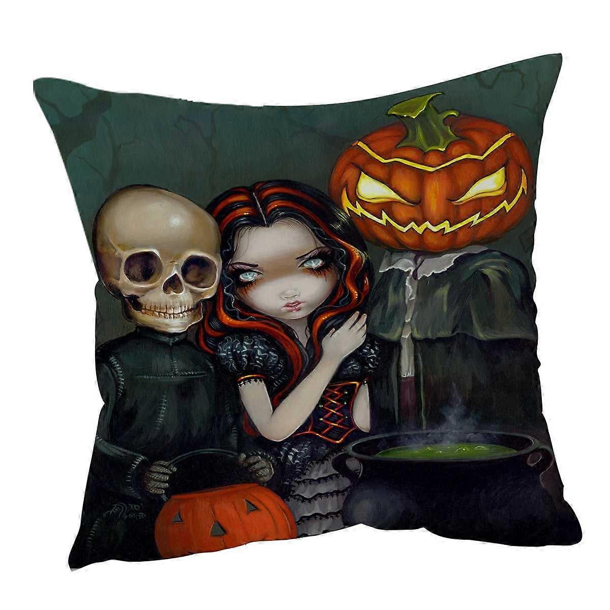 Halloween Out Trick or Treating Witch and Skeleton Cushion Cover