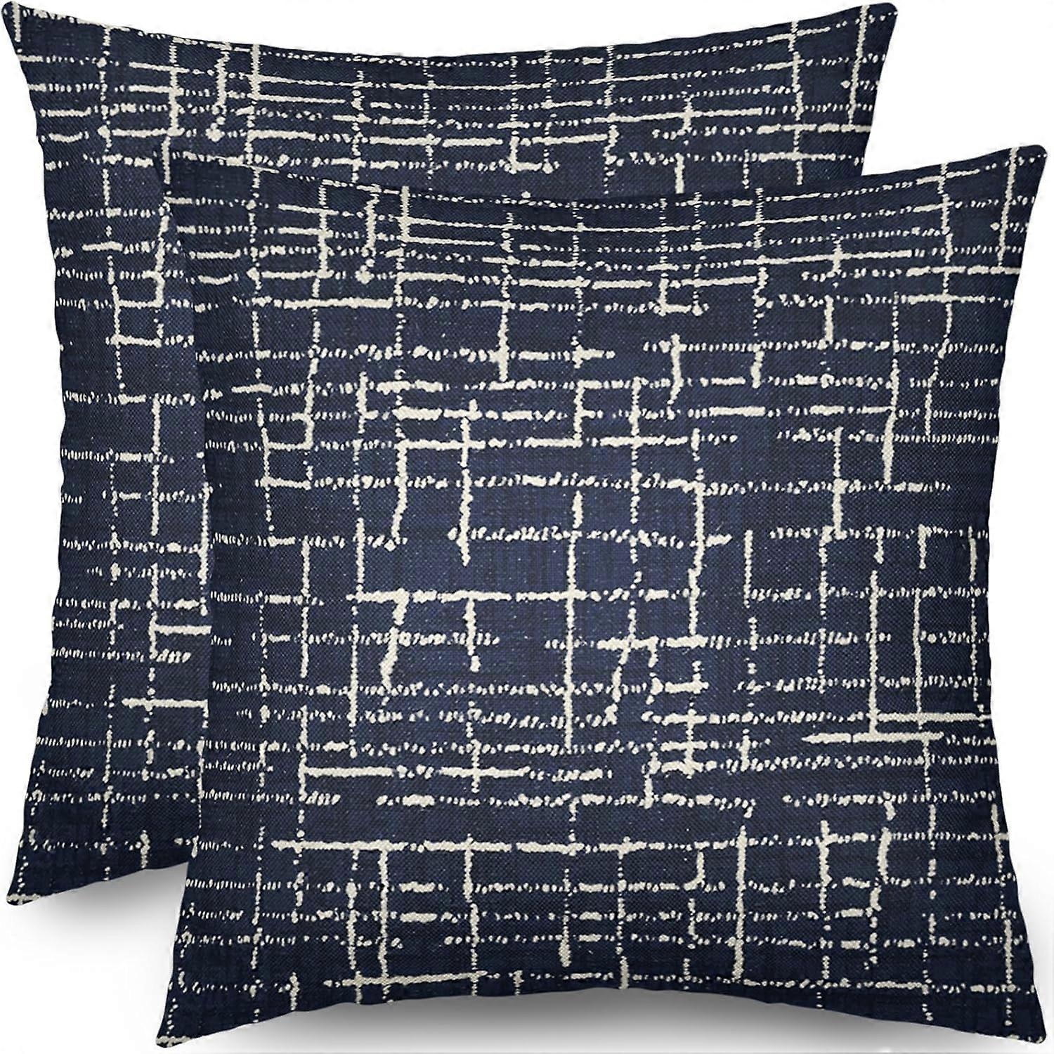 Navy Blue Pillow Covers 16x16 Set of 2 Modern Blue Cream Textured Pattern Block Print Decorative Throw Pillows Outdoor Pillowcases Farmhouse Style Lin