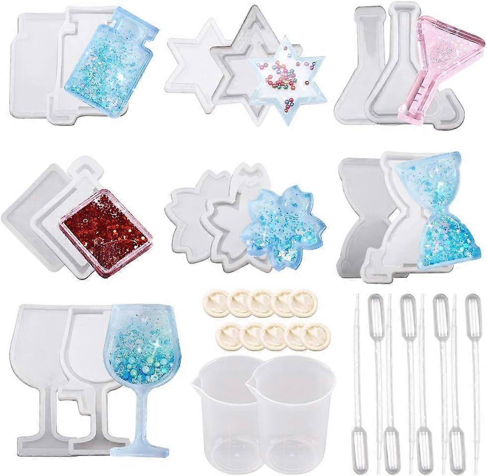 34Pcs Resin Shaker molds Jewelry Set with Epoxy Silicone molds Star Hourglass Flower Wine Glass & & Latex Finger Cots for DIY Charms Pendant Jewelry C