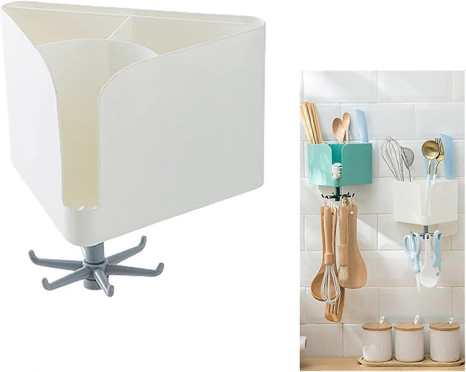 Self-adhesive Utensil Dish Rack, Multi-Function Wall-Mounted Chopstick Holder Storage Basket With Swivel Hook,2024 Ping