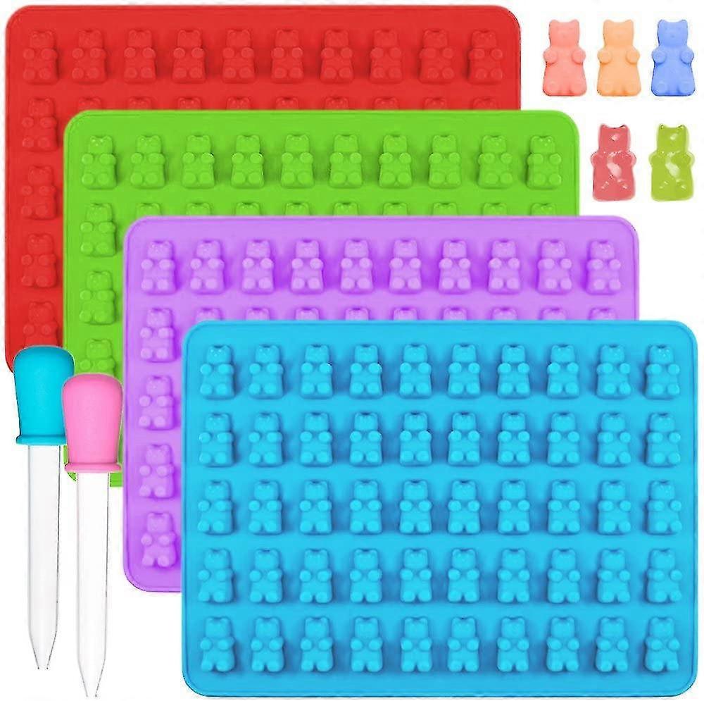 Silicone Gummy Bear Candy Silicone Molds & Ice Cube Tablets - Set Of 4 Gummy Bear Molds And 2 Droppers For Chocolate, Jelly, Syrup, Soap Molds