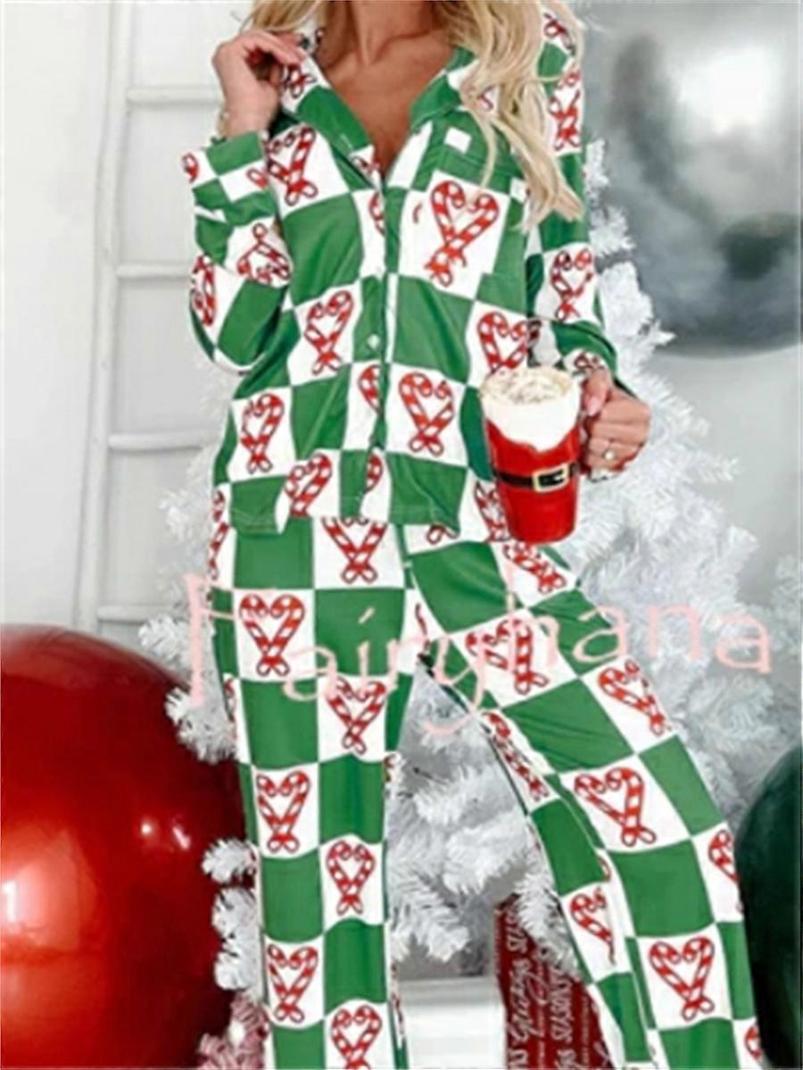 Christmas Print Women's Pajamas Set Two Pieces Long Sleeve Full Length Trousers with pocketed Sleepwear Lounge