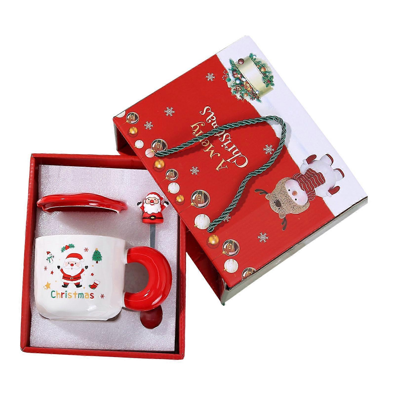 طقم أكواب عيد الميلاد، فنجان شاي سانتا مع غطاء وملعقة لمكتب سطح المكتب في العطلة، سانتا كلوز باللون الأحمر
