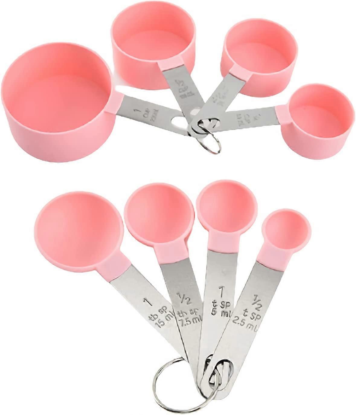 Measuring Cups and Spoons Set, 8 Pieces Measuring Cups and Spoons with Stackable Stainless Steel Handles Measure Dry (Pink)