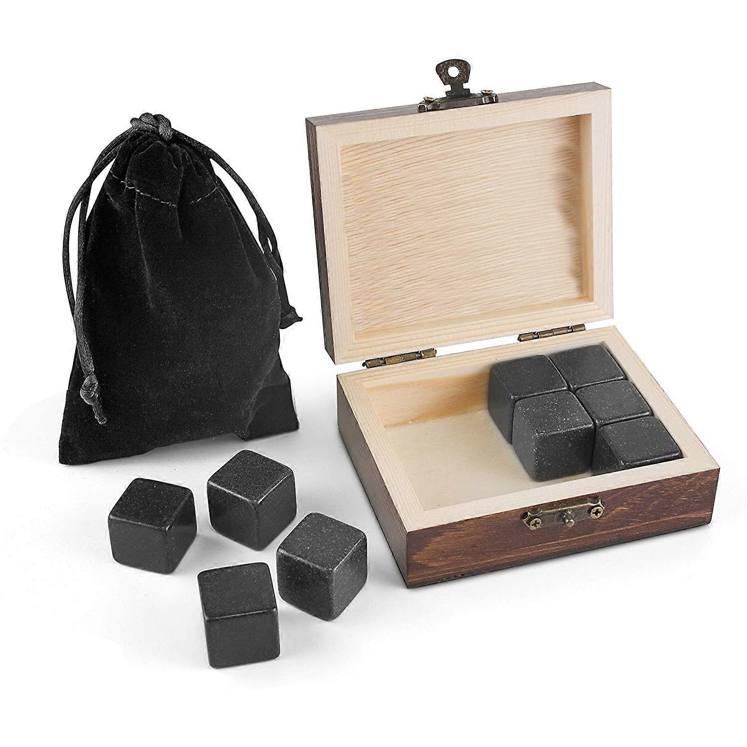 Set of 9 Whiskey Stones with Velour Pouch and Wooden Box