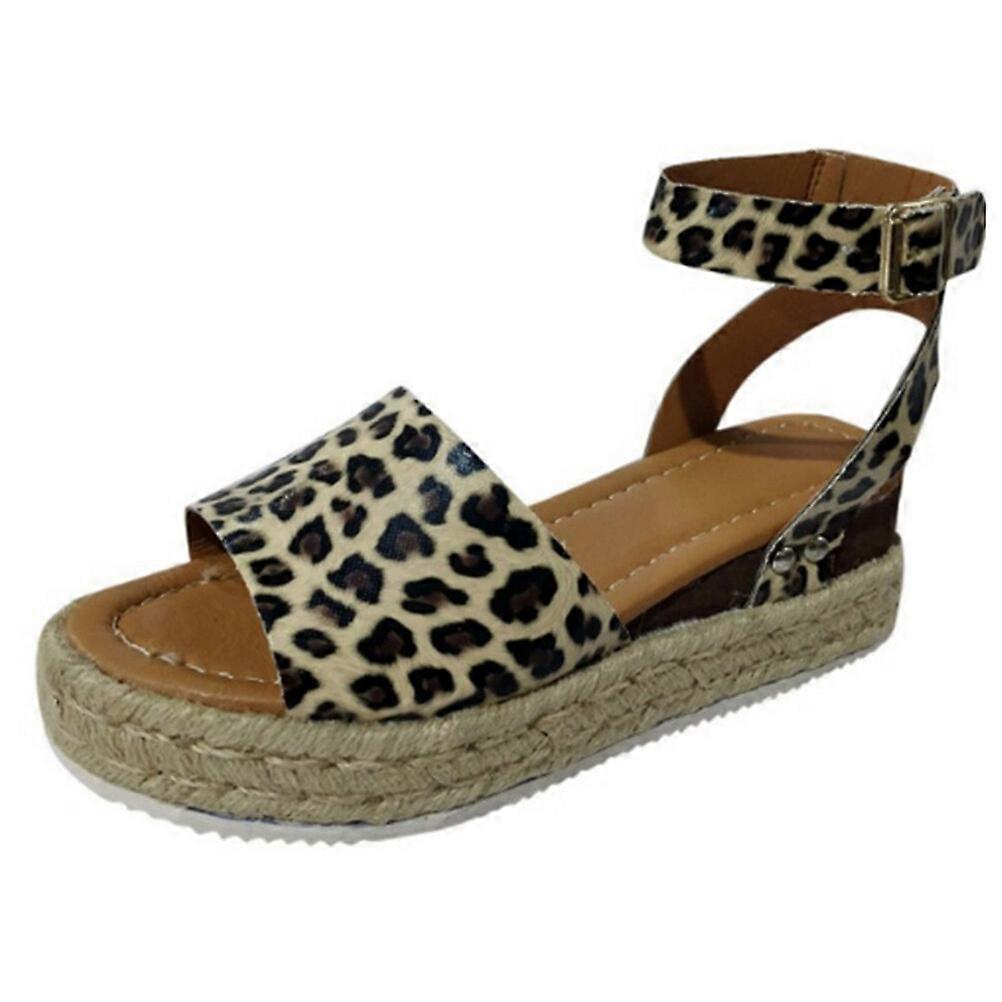 Newest Leopard Espadrilles Womens Wedges Sandals Platform Open Toe Ankle Straps Retro Summer Shoes Size 39