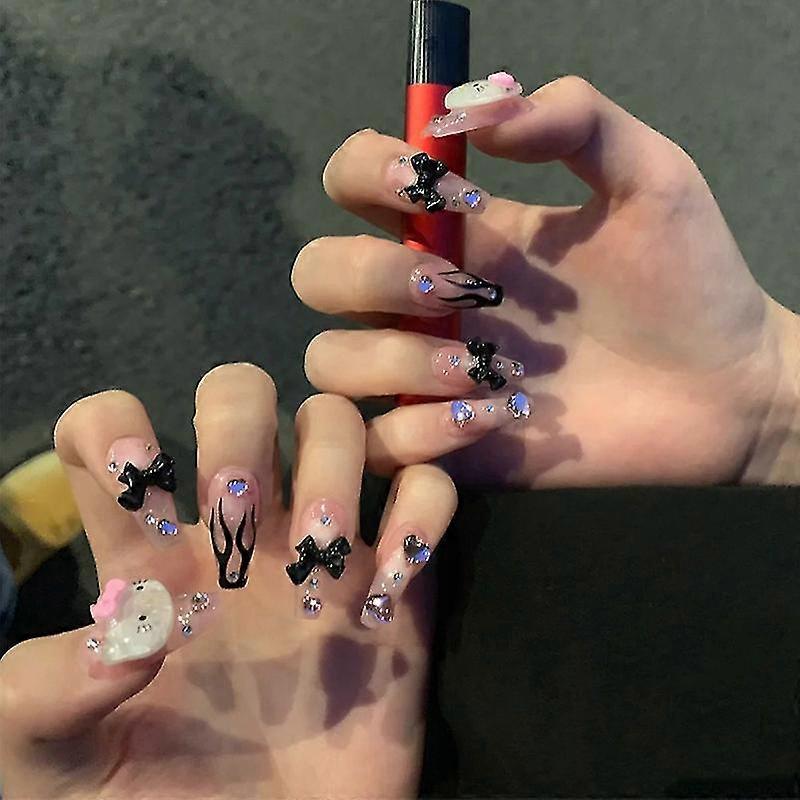 24pcs Black Flame Nail Patch Dark Style Glue Type Removable Short Paragraph Manicure Save Time