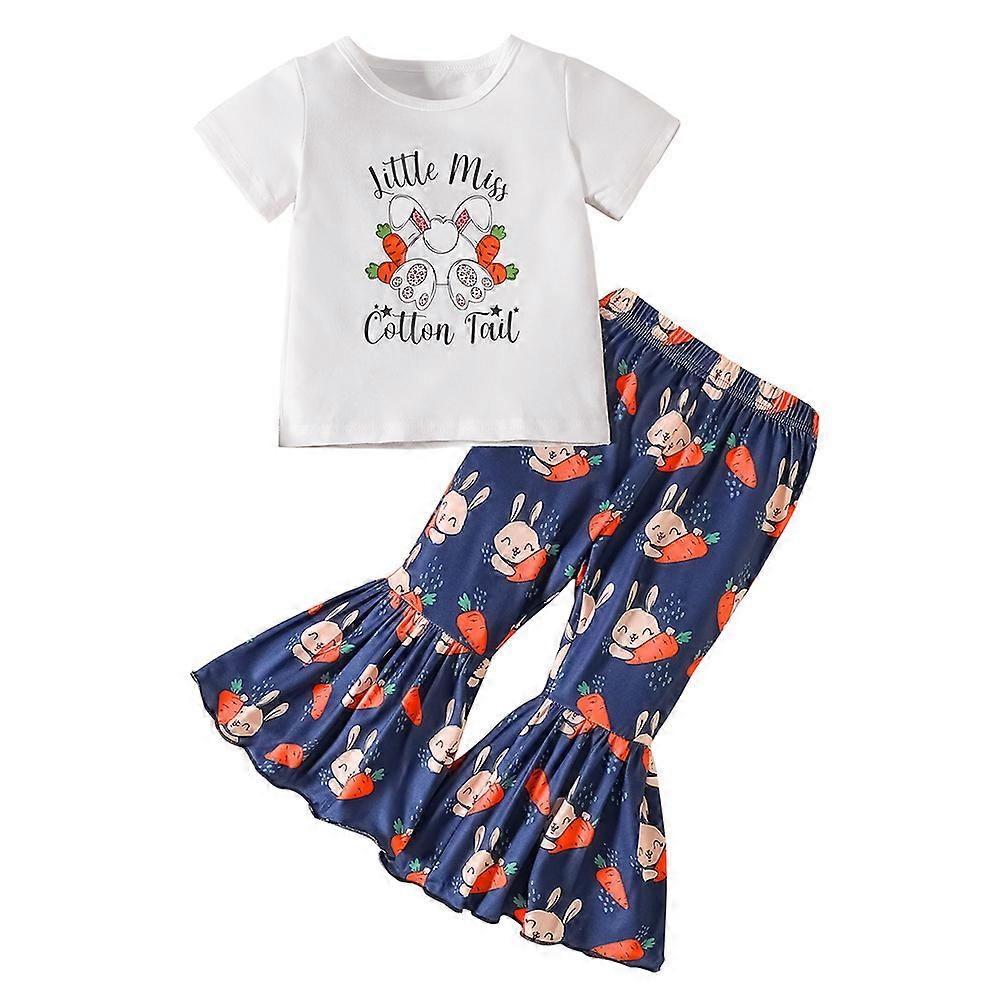 Easter Baby Kids Girls Cute Cartoon Bunny Carrot Printed Short Sleeve T-Shirt Crew Neck Top Flared Pants Trouser Suit Set