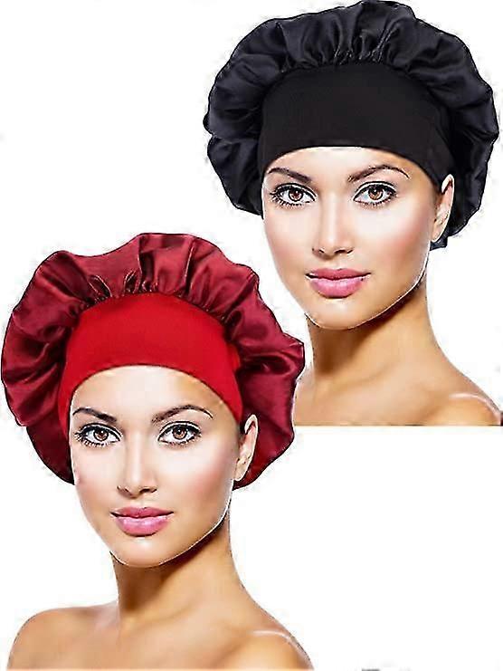 2 Pieces Satin Bonnet Night Sleep Hat Black Wine Red
