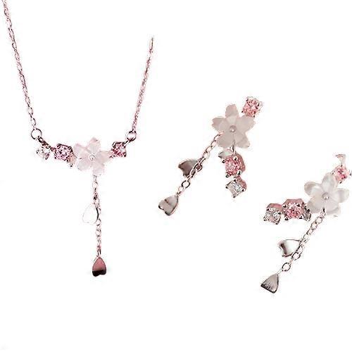 Romantic Roz Floare de cireș Claviculă Lanț Bijuterii Set Pentru Femei Elegant Trandafir Dulce Floare Colier Cercei Set Cadou de nuntă