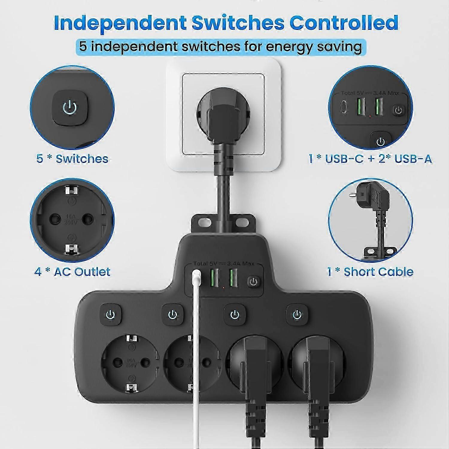 4-Way Power Strip, Individually Switchable, Multiple Socket with USB C, 4 Sockets and 3 USB Ports, Double Plug for Socket, Wall Mounting, Multiple Plu