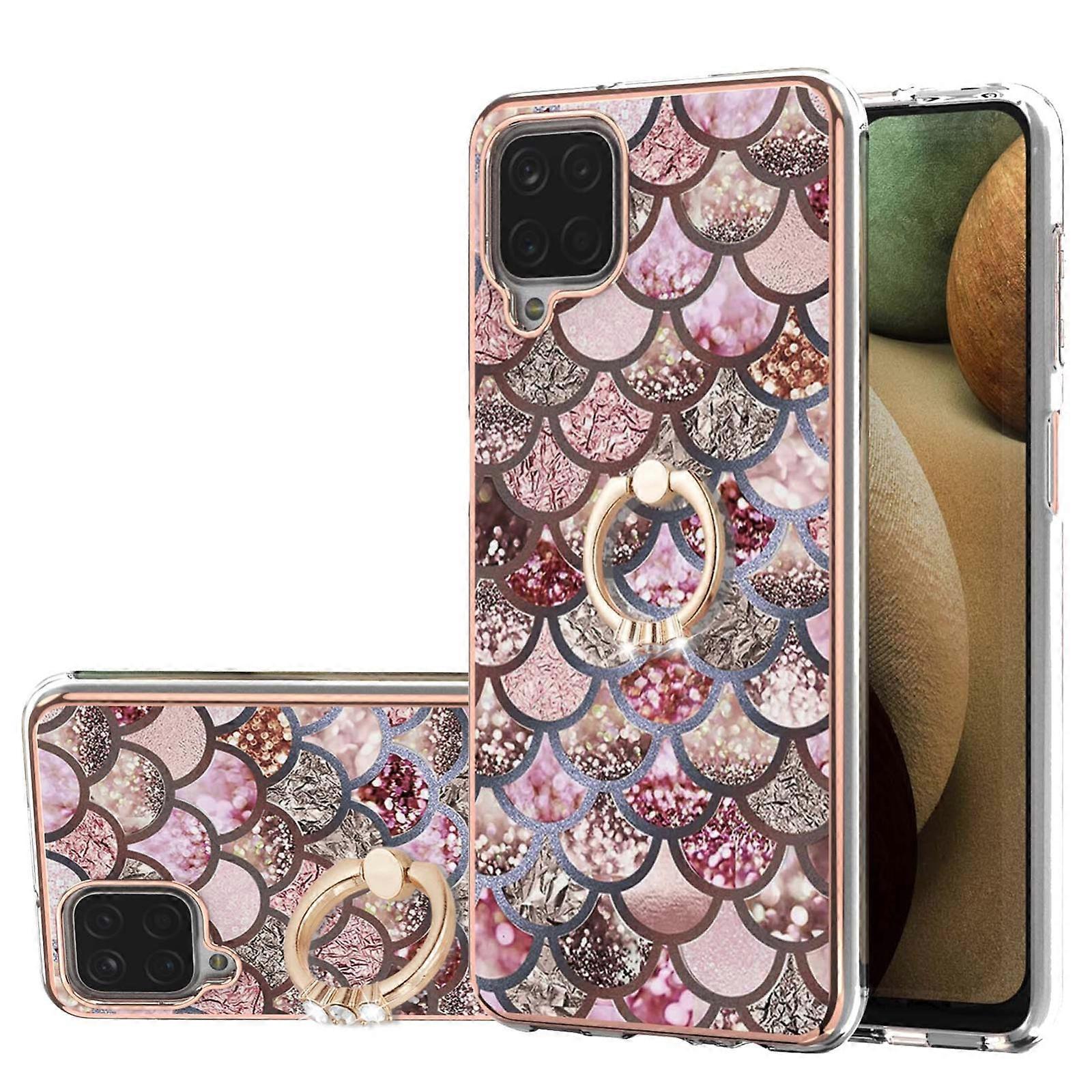 For Samsung Galaxy A12/M12/F12 Electroplating Pattern IMD TPU Shockproof Case with Rhinestone Ring Holder