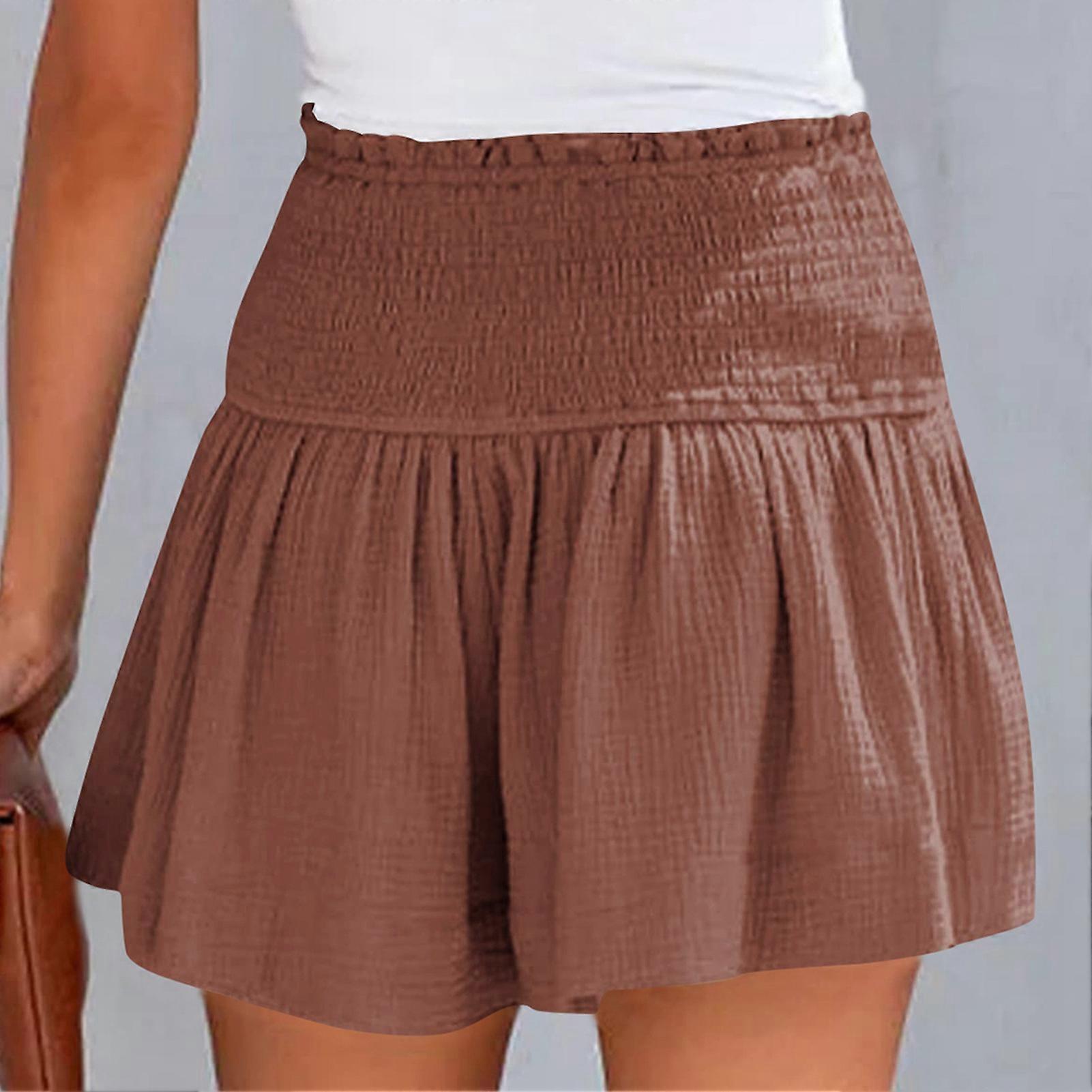Shirred Shorts Plain Color Cotton High Elastic Waisted Pleated Ruffle Flowy Casual Shorts Peachy Beige S