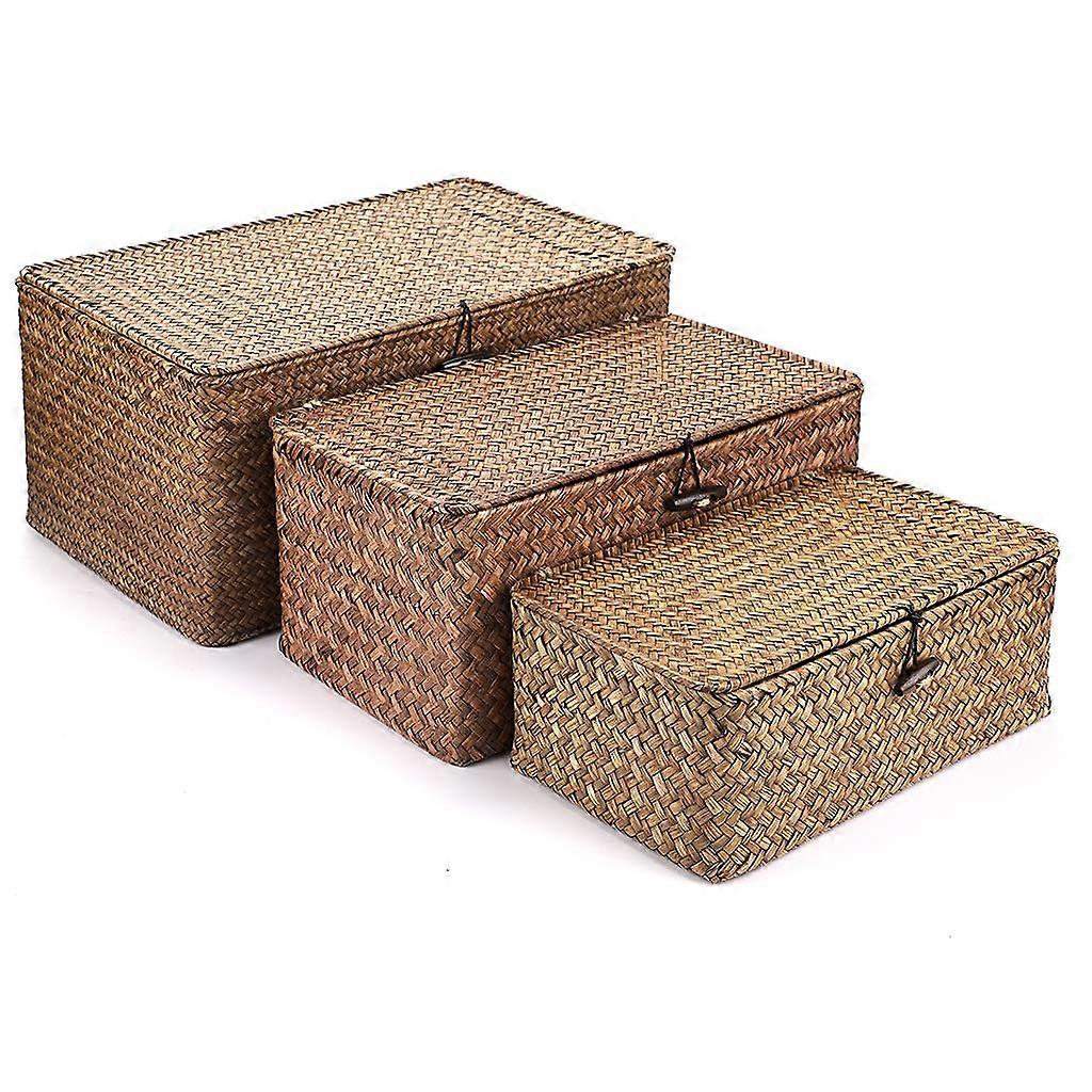 3 Set Natural Seagrass Handwoven Wicker Storage Baskets Household Organizer Large Rectangular
