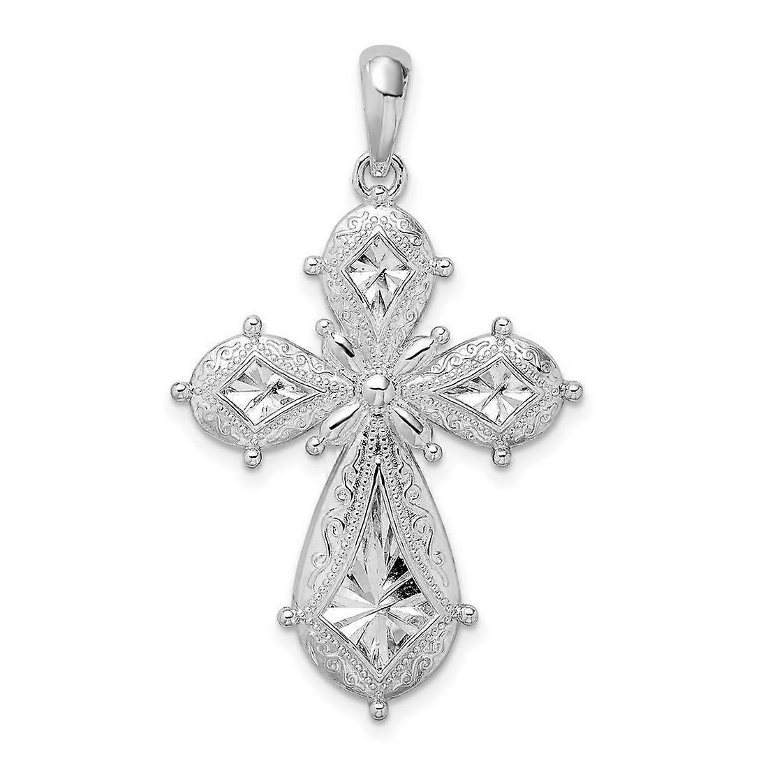 925 Sterling Silver Rhodium Plated Scroll Sparkle Cut Rounded Religious Faith Cross Pendant Necklace-Pendant for Women