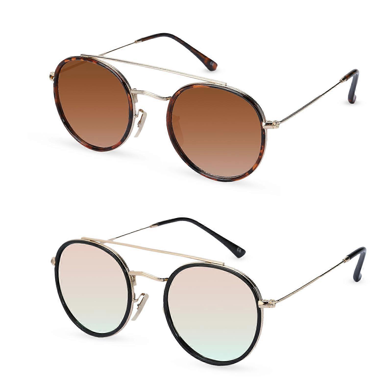 Retro Round Double Bridge Sunglasses for Women and Men, Tortoise Shell UV400 Circular Eyewear, Vintage Style, Large Size