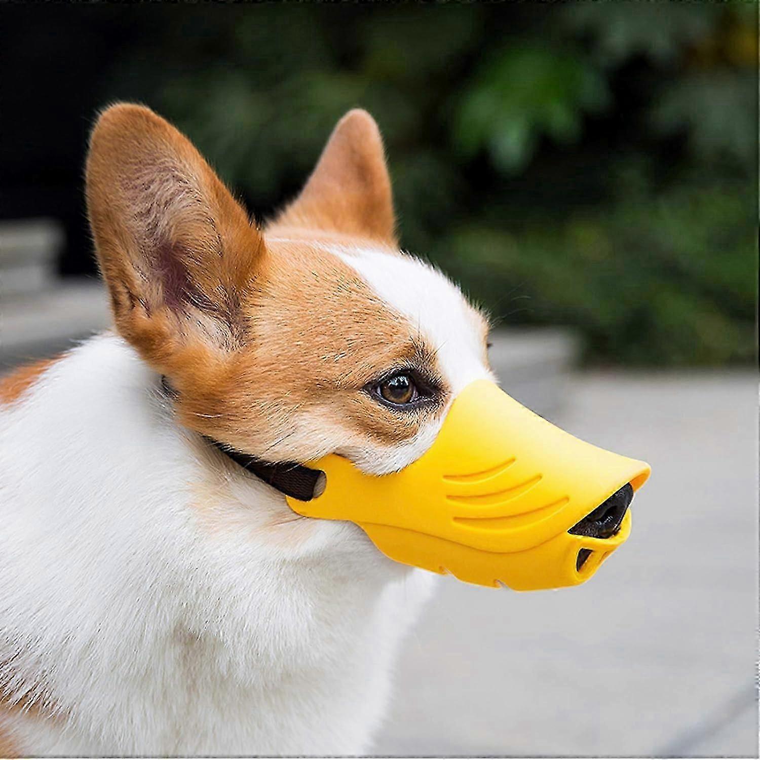 Dog Muzzle, Soft Duck Silicone Mouth Cover with Adjustable Strap for Small Medium Dogs, Best to Prevent Barking, Biting, and Chewing(Yellow,L)