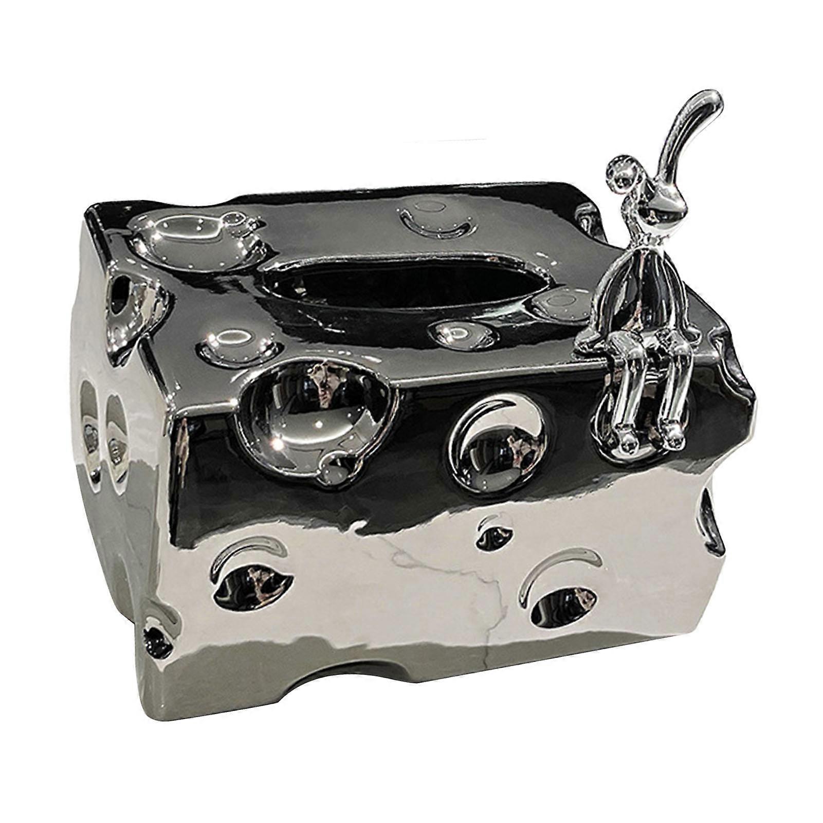 Tissue Box Cover Ceramic Rectangular Stylish Elegant Decorative Napkin Box Holder for Desktop Coffee Table Silver 