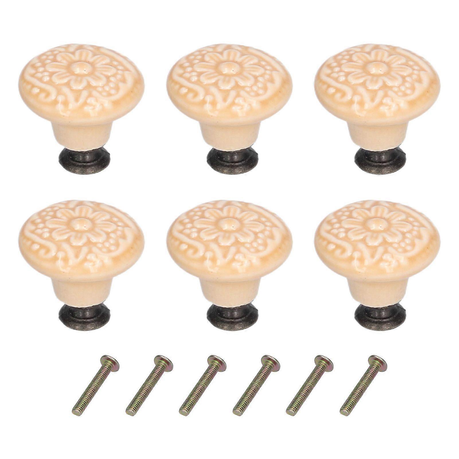 6Pcs Round Ceramic Cabinet Knobs Exquisite Single Hole Pull Handle for Drawer Cupboard DoorYellow