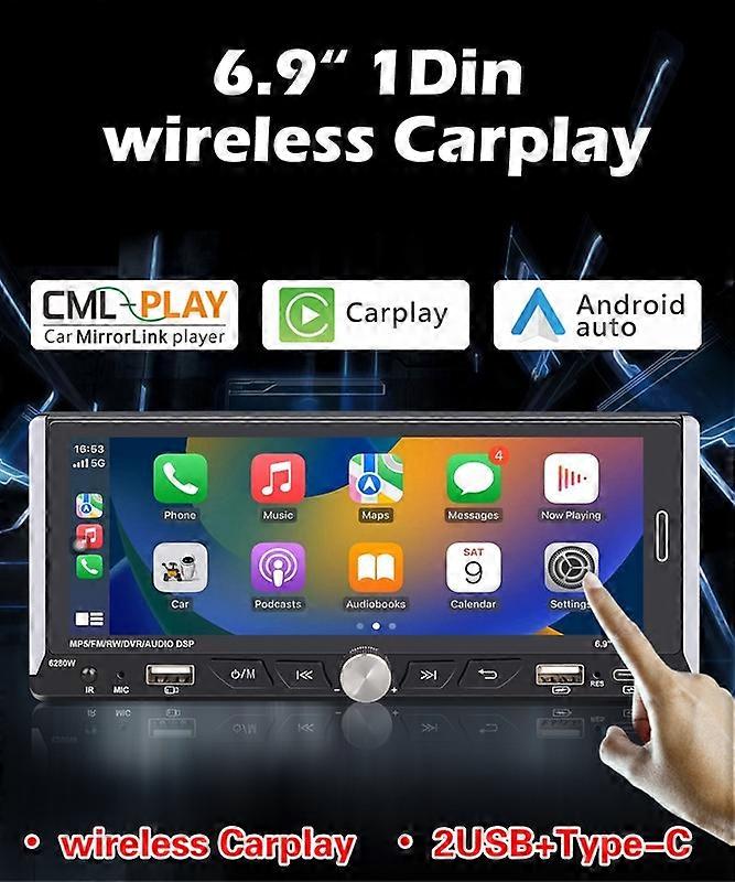 Wireless CarPlay Single DIN Car Radio Car Stereo 6.86" HD IPS Touchscreen Bluetooth 5.2 Android Auto