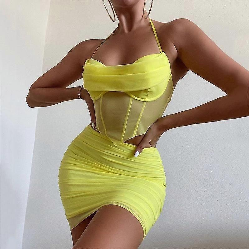 Yaz sonbahar ve kış kadın giyim örgü ekleme yular boyun sırtsız üst kısa etek iki parçalı takım elbise kadın