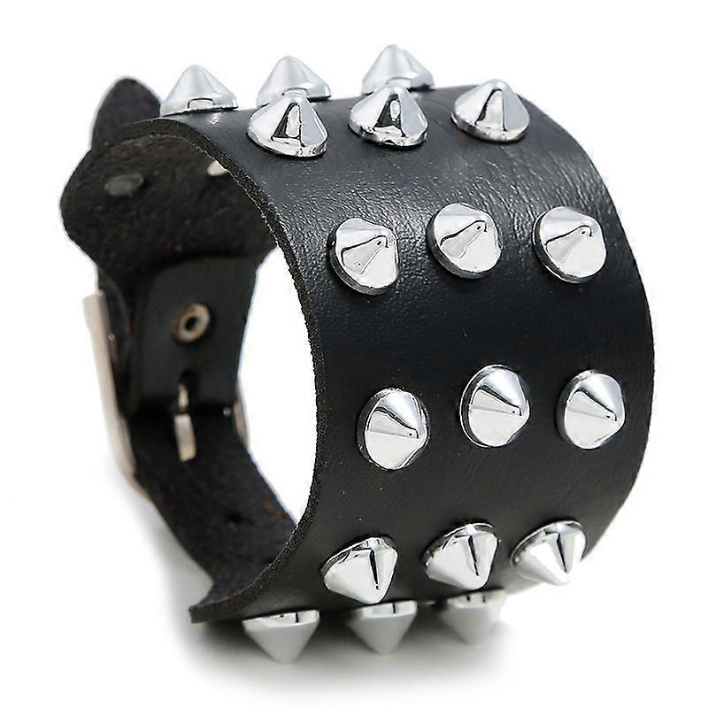 Three-row pointed cone rivet edvet cowhide bracelet - Three-row pointed cone rivet retro cowhide bracelet - Three-row pointed cone rivet men's cowhi