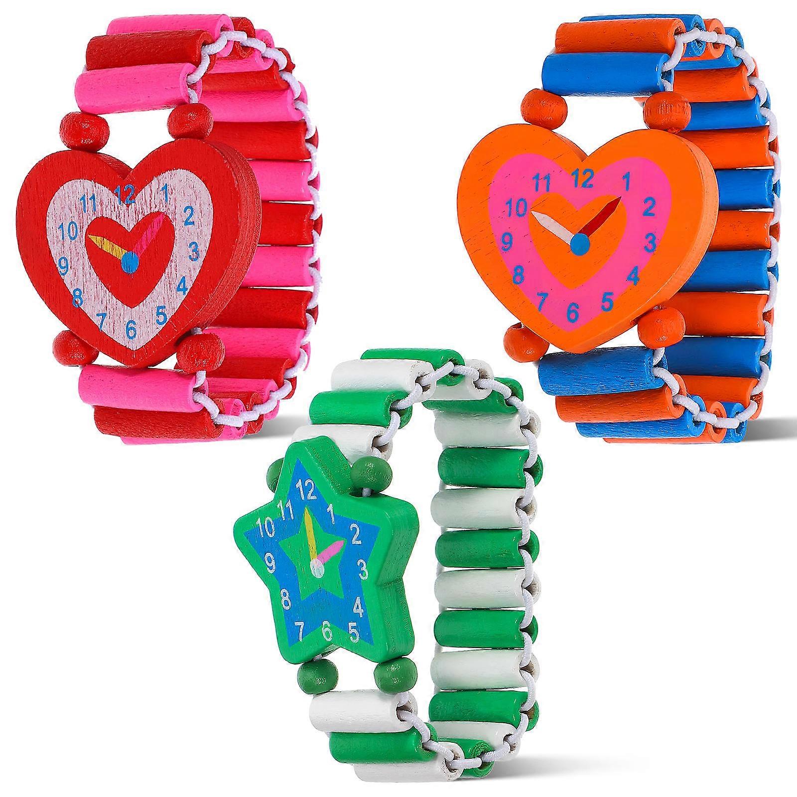 Wooden Simulation Watches for Kids Playing with Assorted Color Composite Material 3PCS Practical Cartoon Toy Watches