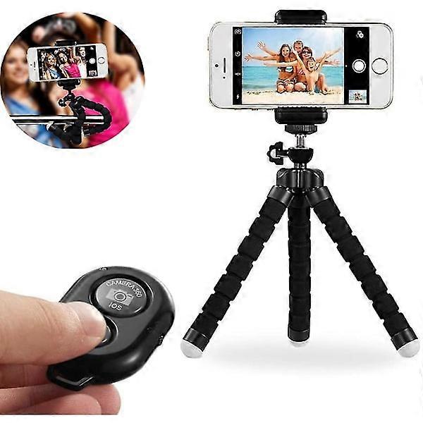Phone tripod - portable and adjustable camera tripod holder with remote control for iPhone and Android phones.