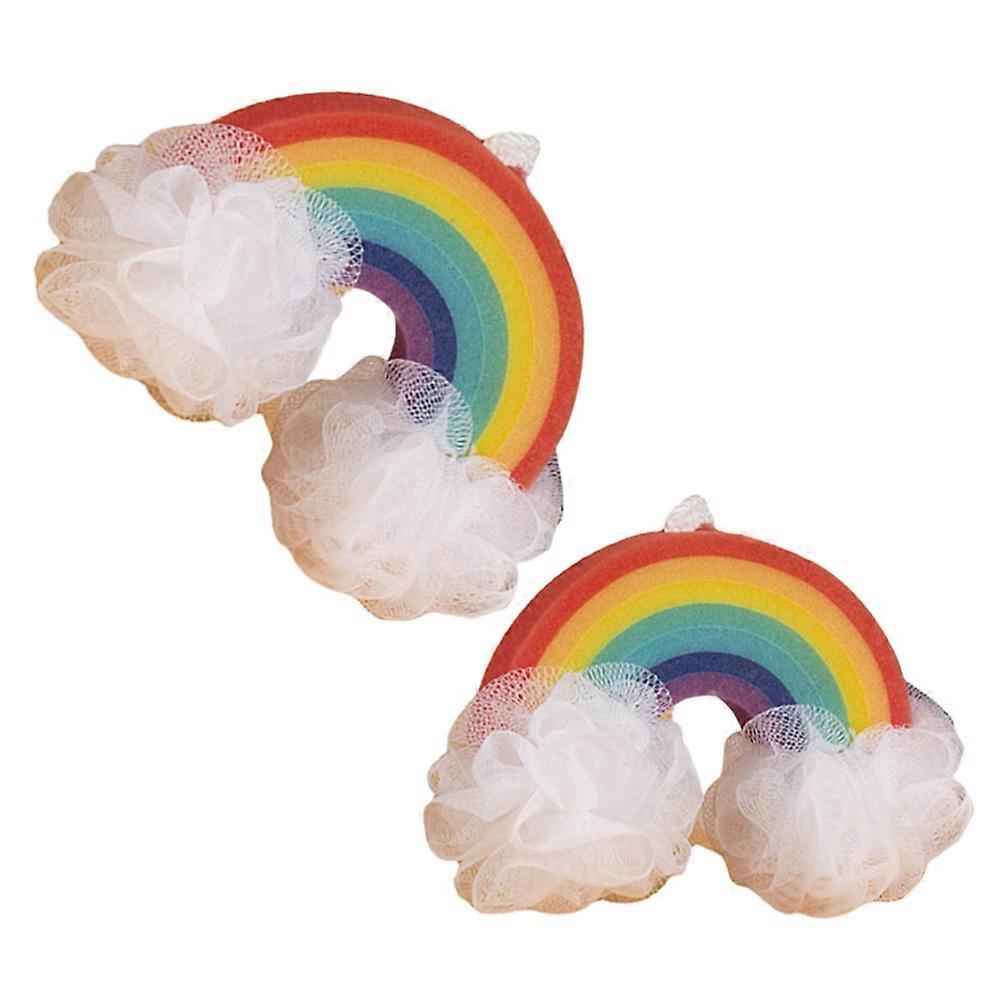 Rainbow Bath Sponge Pack of 2 Soft Exfoliating Loofah Body Scrubber with for Sensitive Skin, Includes Hanging Shower Net for Back and Knee Use