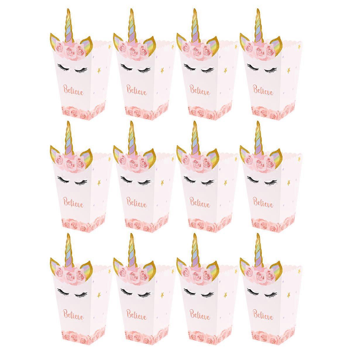 Kawaii Paper Popcorn Boxes 12Pcs For Store Unicorn Design Rectangular Party Decoration