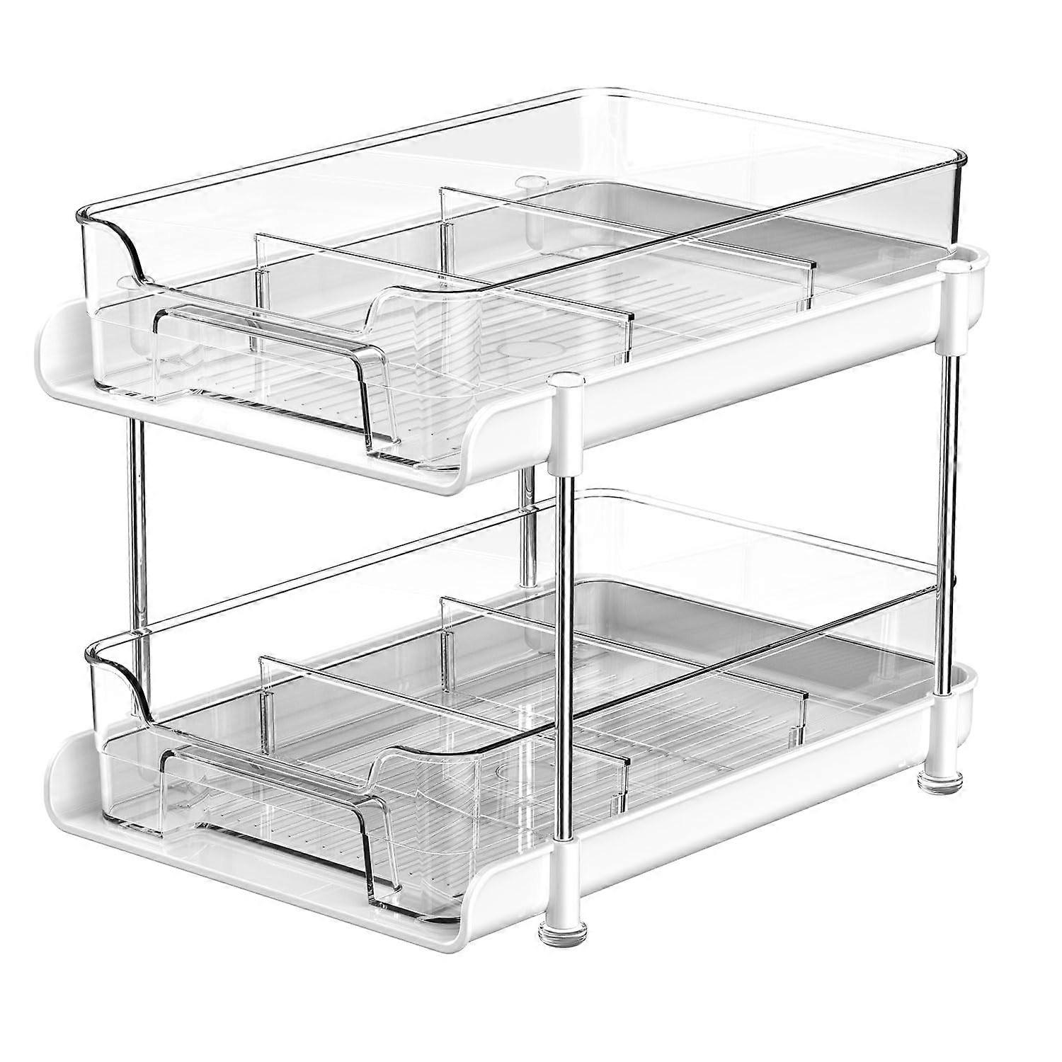 2 Tier Under Sink Organizer, Sliding Storage Unit, Kitchen Pantry, Pull Out Cabinet (White)