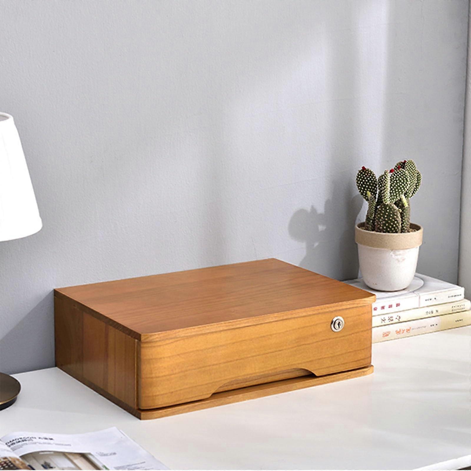 Solid Wood Desktop File Cabinet with Lock, 1-Tier Wooden Storage Box Organizer for Office, Home, and School Documents