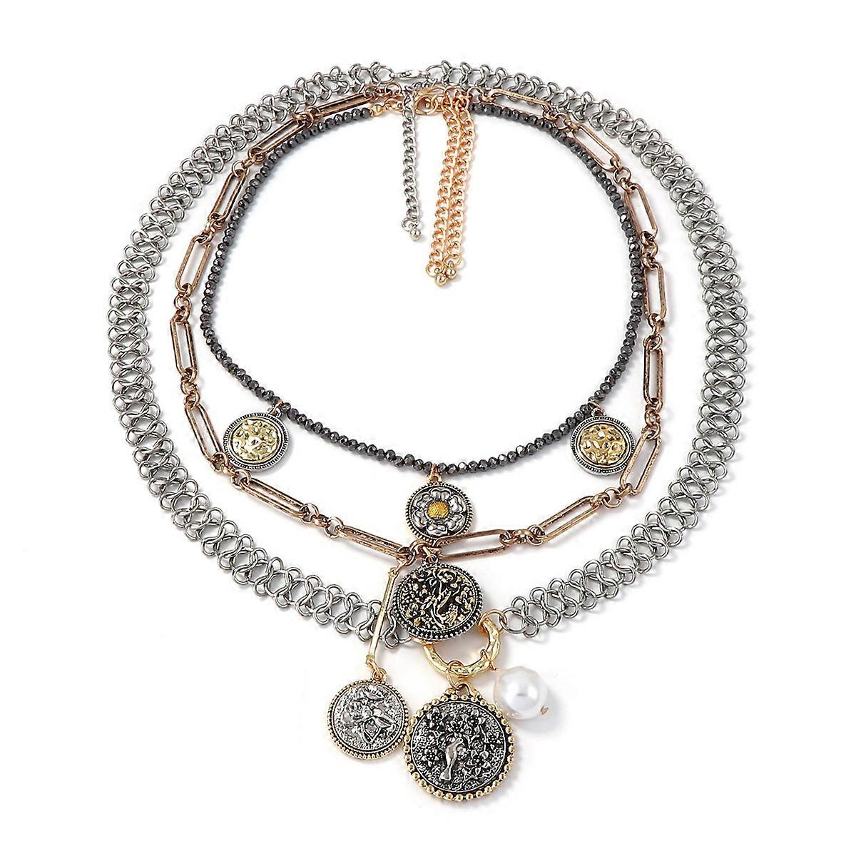 Exaggerated Alloy Geometric Coin Flower Pendant Multi-Layer Stacking Chain Necklace for Women