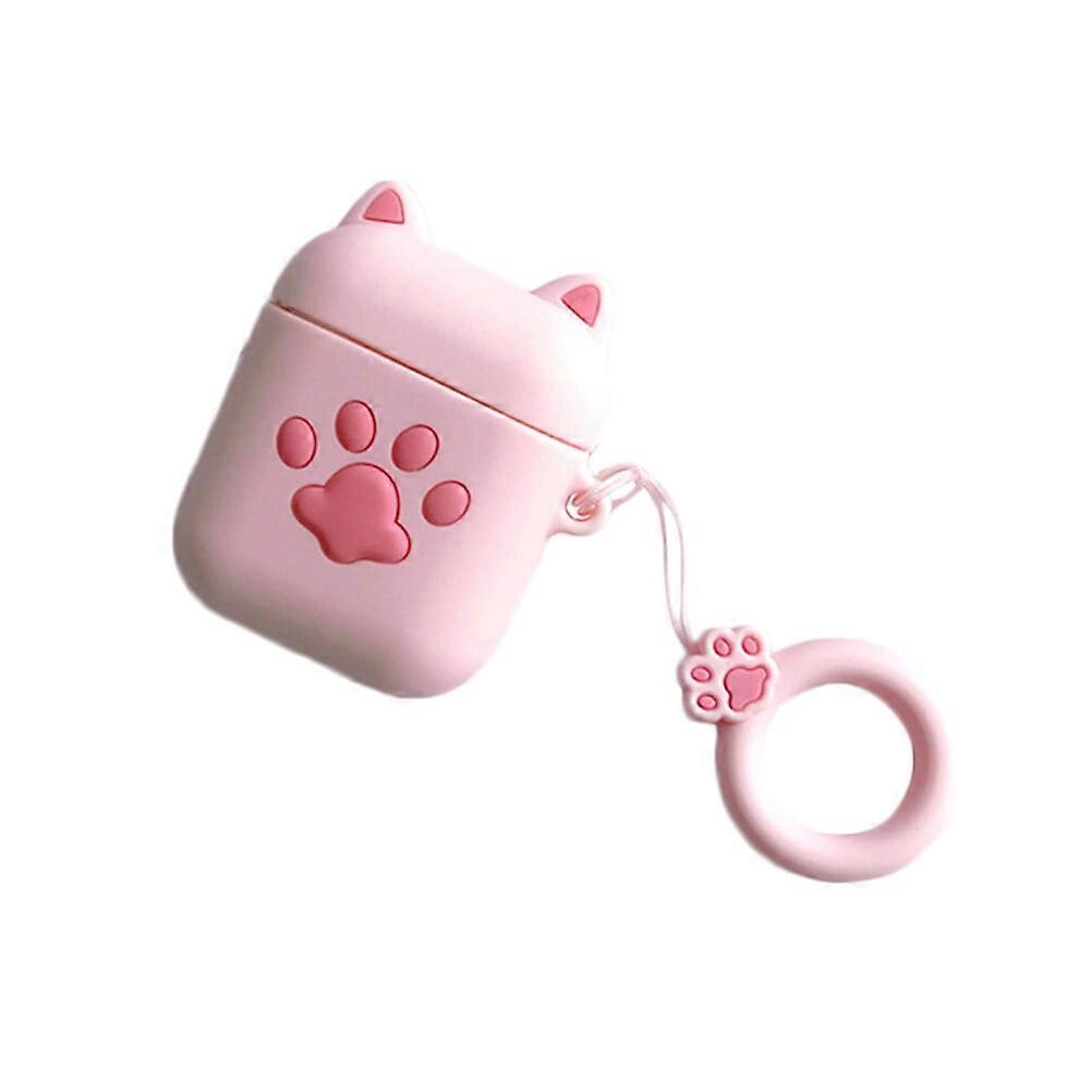 Cat Paw Silicone Wireless Earphone Case Shockproof Headphone Protector with Ring Compatible for compatible with Airpods 1/2 (Pink)
