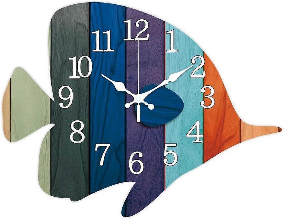 Fish Wall Clock Colorful Striped Fish Non-Ticking Clock Irregular Shape Decorative Clocks Printed Wall Clock for Home Office Decoration 12.416 inch