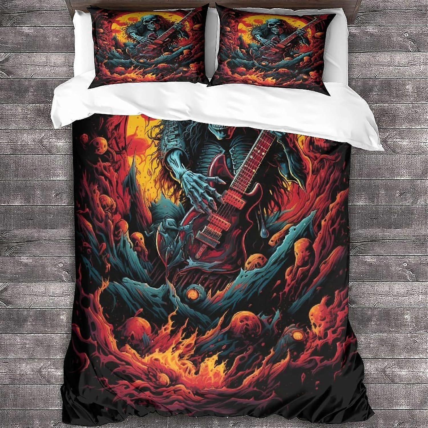 3 peças Rock 'n' Roll capa edredom com fronhas, caveira Print Bedding Set com fecho com zíper, heavy metal guitarra colcha capa King