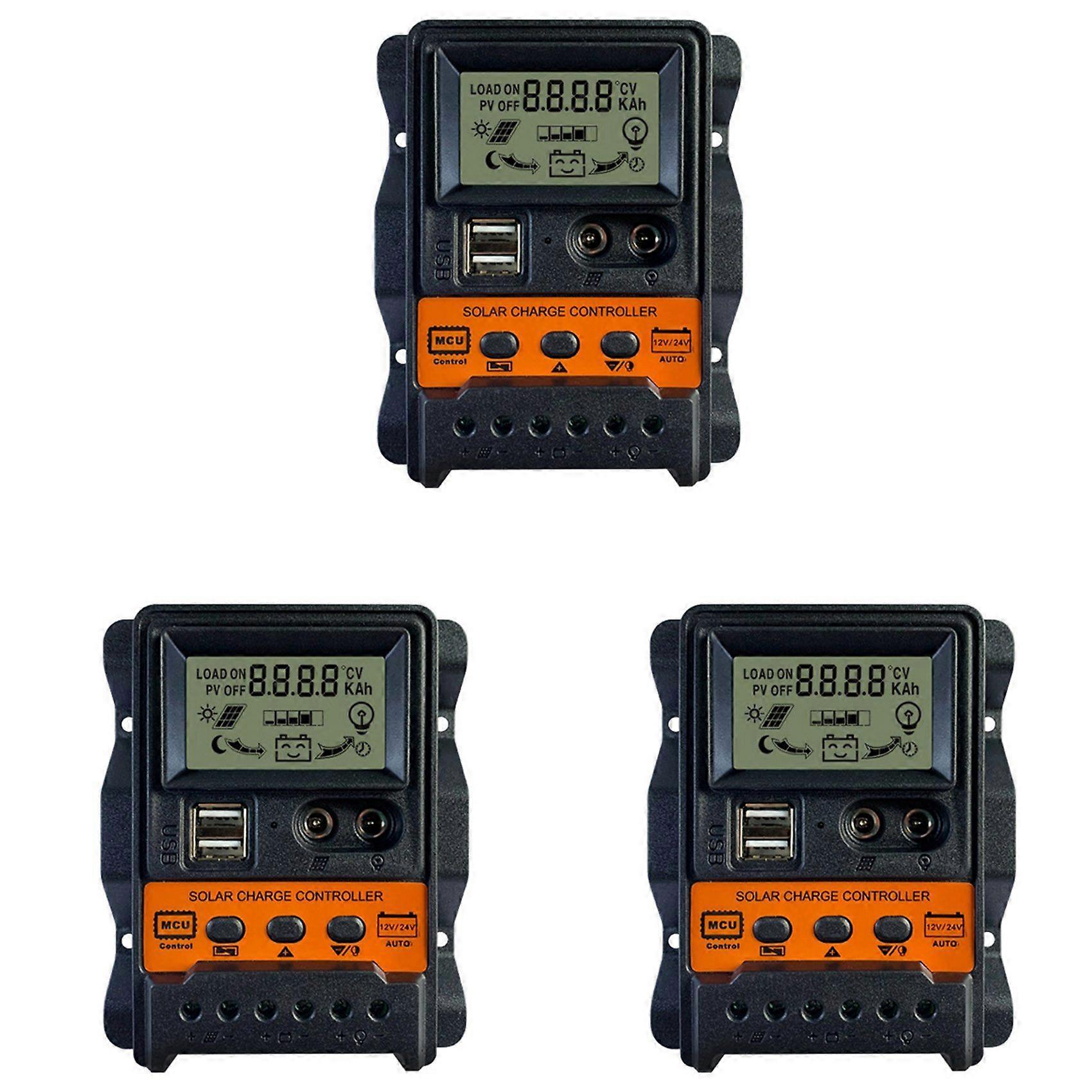 3X 30A Solar Charge Controller 12V24V Solar Panel Battery Controller Regulator Auto 2 USB LCD Display Load Discharger