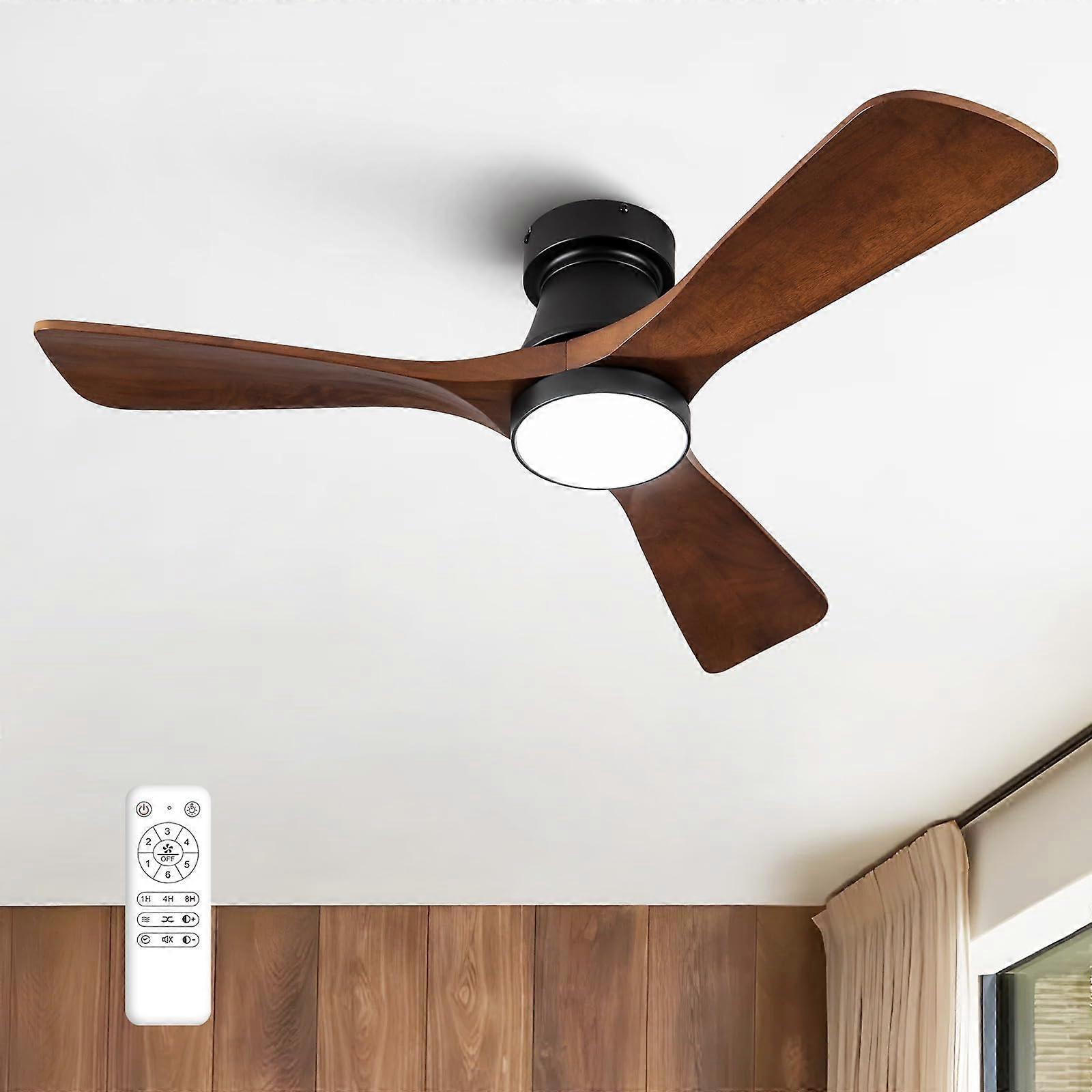 42 Inch Flush Mount Ceiling Fan with Lights and Remote, Quiet DC Motor, Dimmable LED, Reversible Wood Blades, Black Walnut