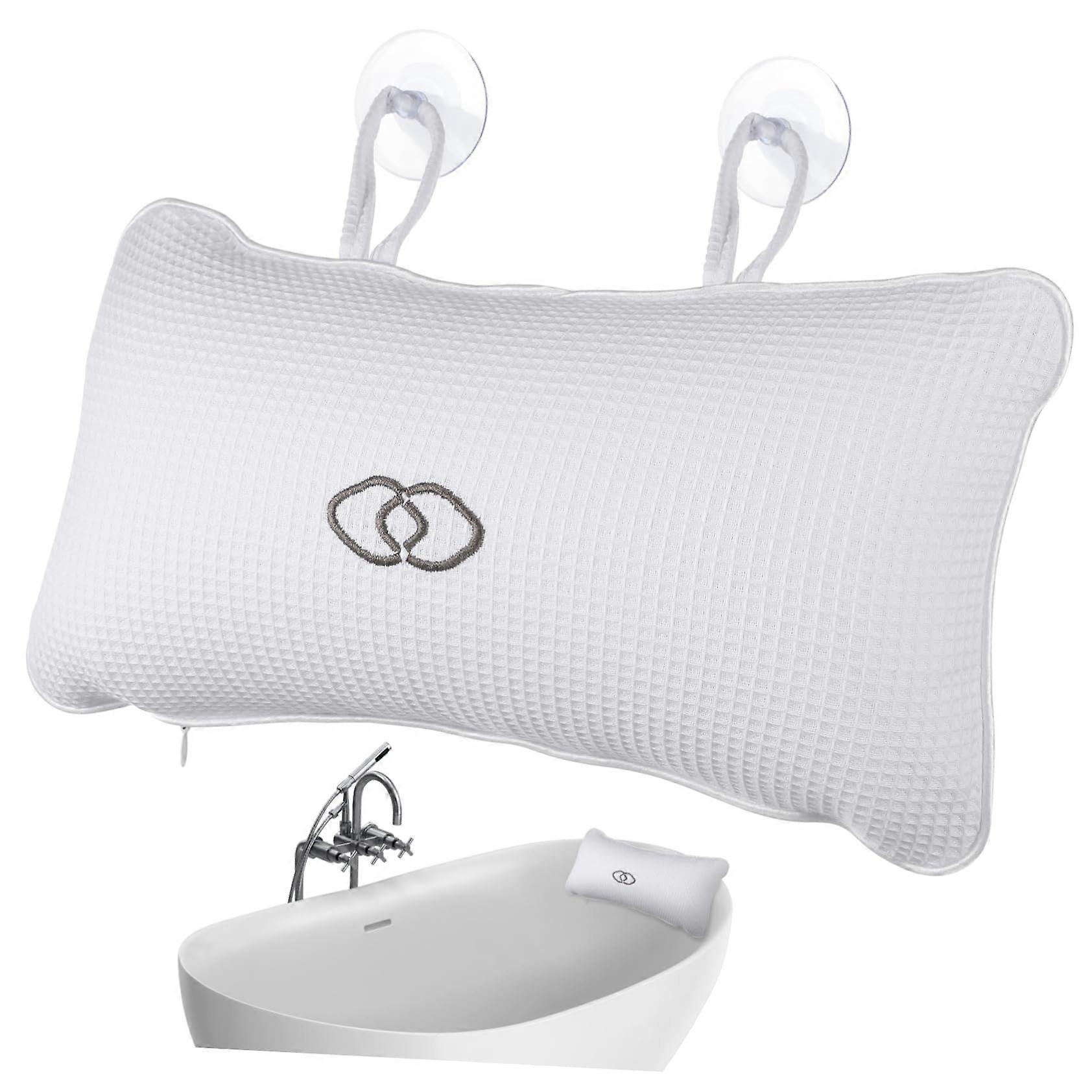 Bath Pillow with SlipResistant Suction Cups, Inflatable Spa Neck Support, Breathable Mesh, White