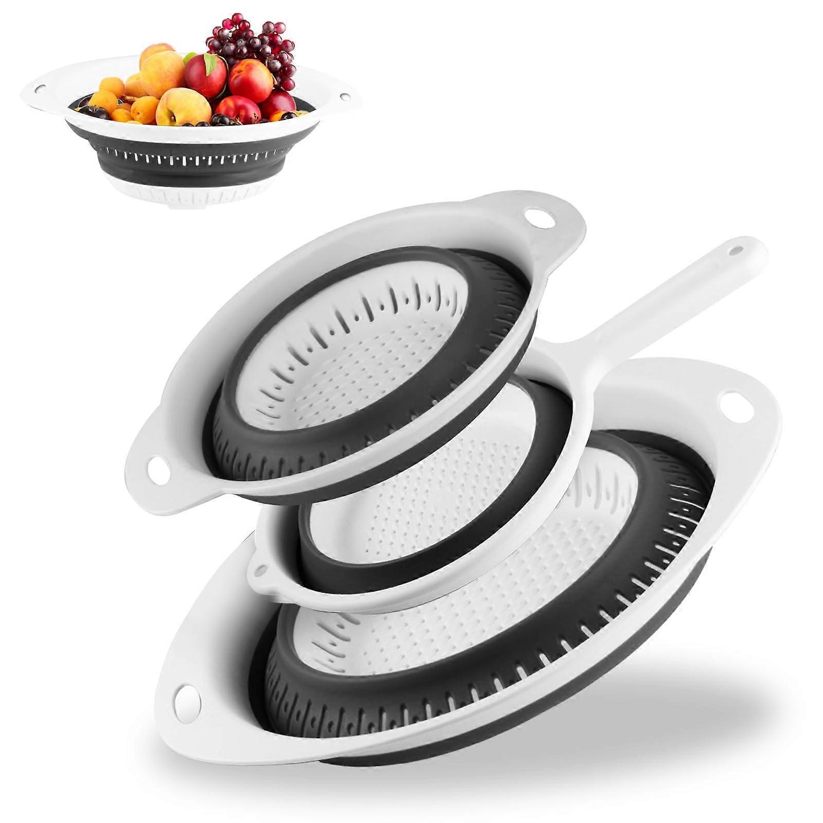 3 Pcs Collapsible Colander with Handle, Foldable Silicone Strainer for Pasta Vegetables Fruits