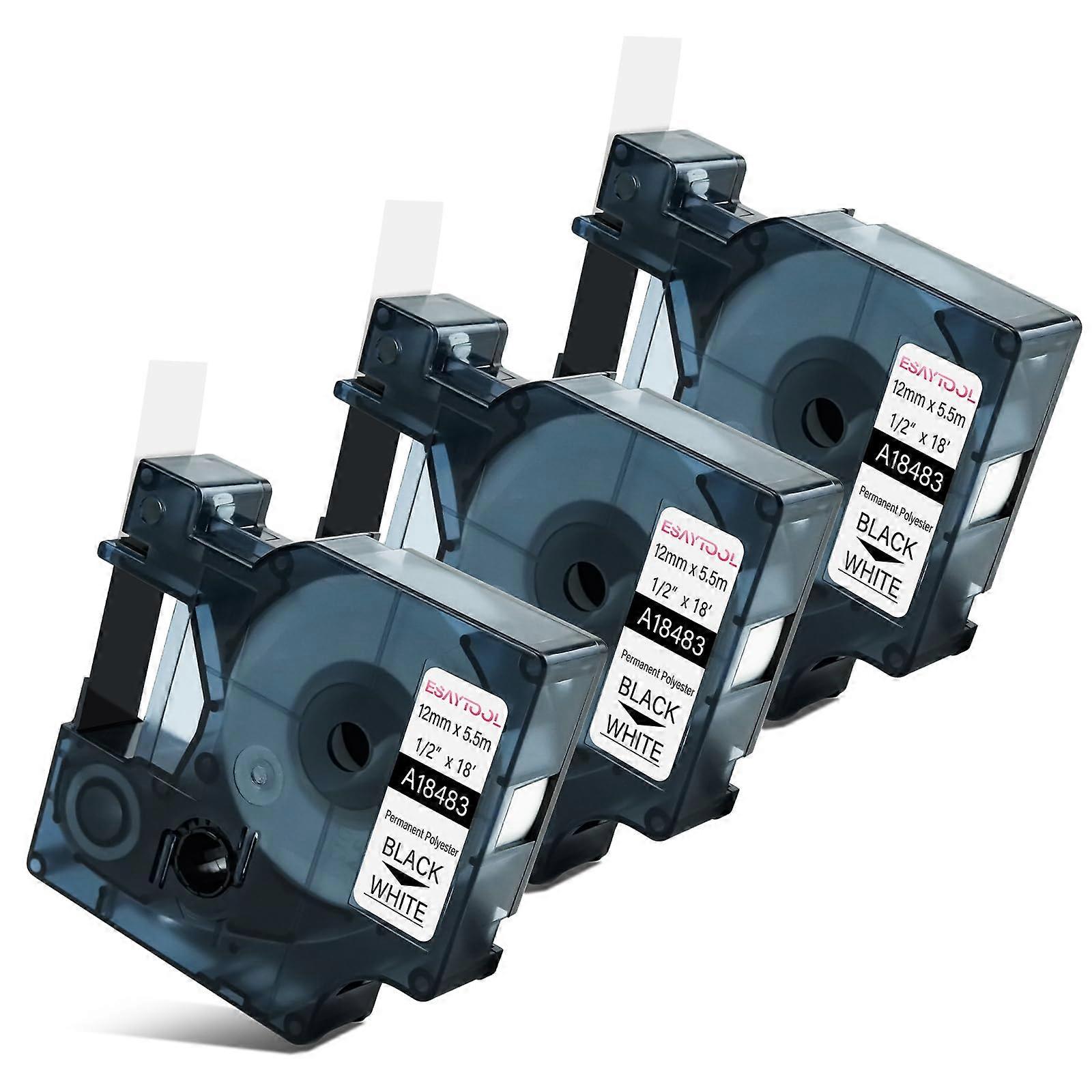 3 Pack Compatible Dymo 18483 Permanent Polyester Label Tape 12mm Black on White for Rhino Printer