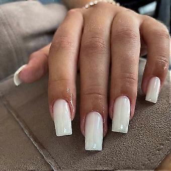 White Press on Nails, Medium Long Square Coffin Fake Nails Kit, Solid Opaque Acrylic Nails Set for Women, 24 PCS