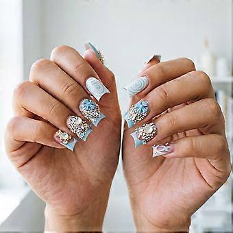 Press On Nail Duckbill Flared Shape, Blue White Gradient False Nail Set with Floral Accent Design for Easy Party Wedding Daily Styling Multicolor