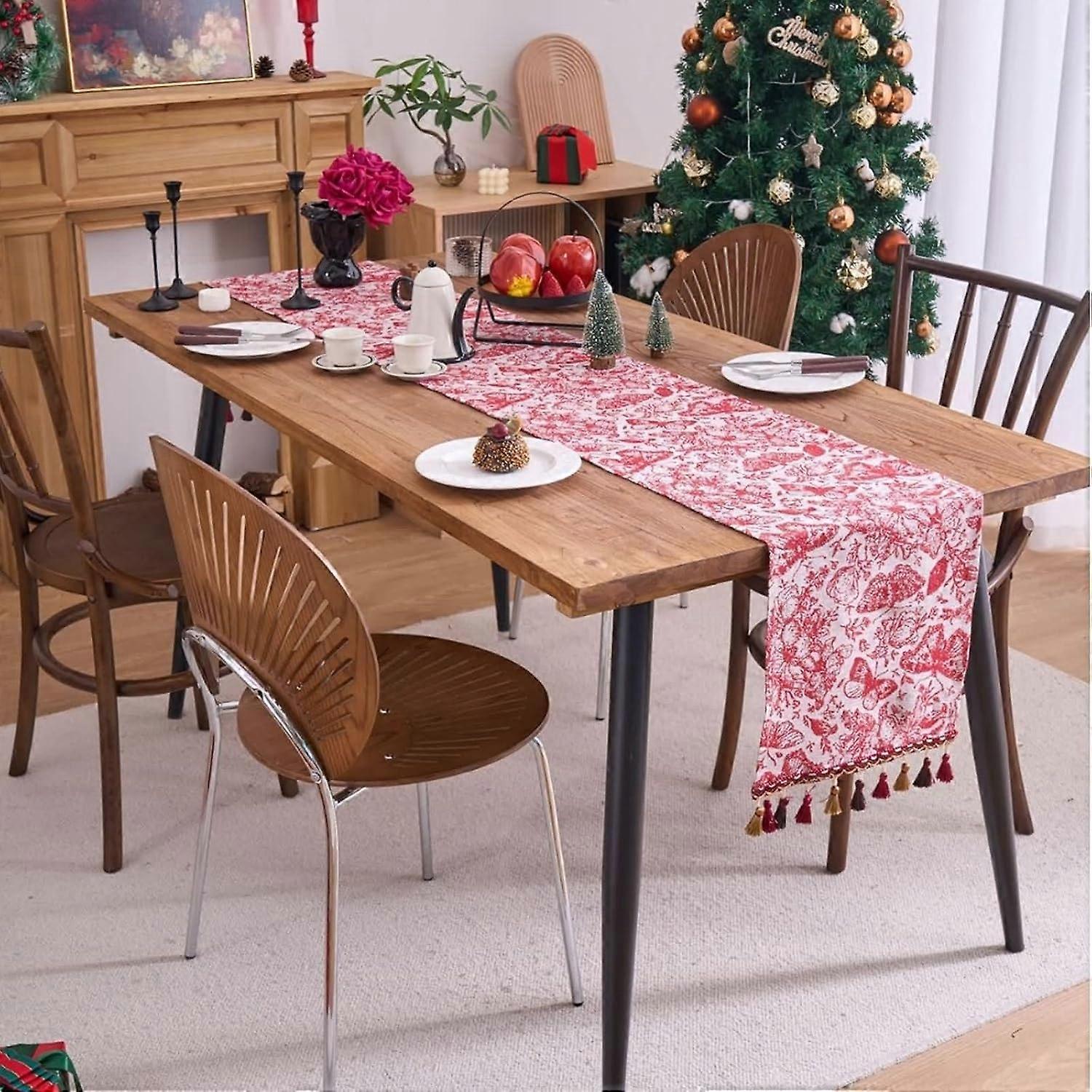 Floral Red Table Runner, Polyester Cotton, 33x160cm