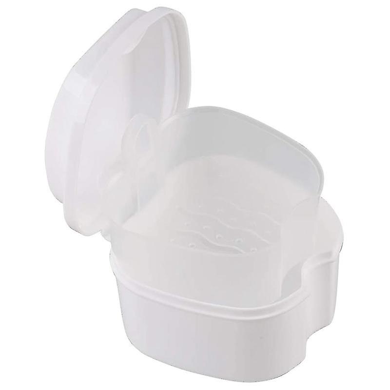 White Denture Case, Denture Cup With Strainer, Denture Bath Box Teeth Storage Box With Basket Net C
