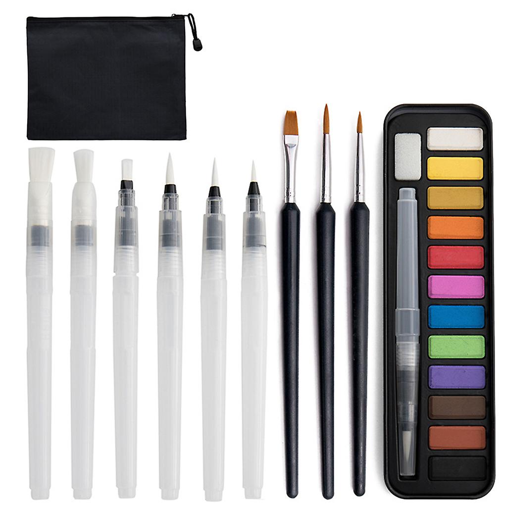 Multi-purpose Solid Watercolor Paints Tools Kit with 10 Flat Fine Paint Brushes