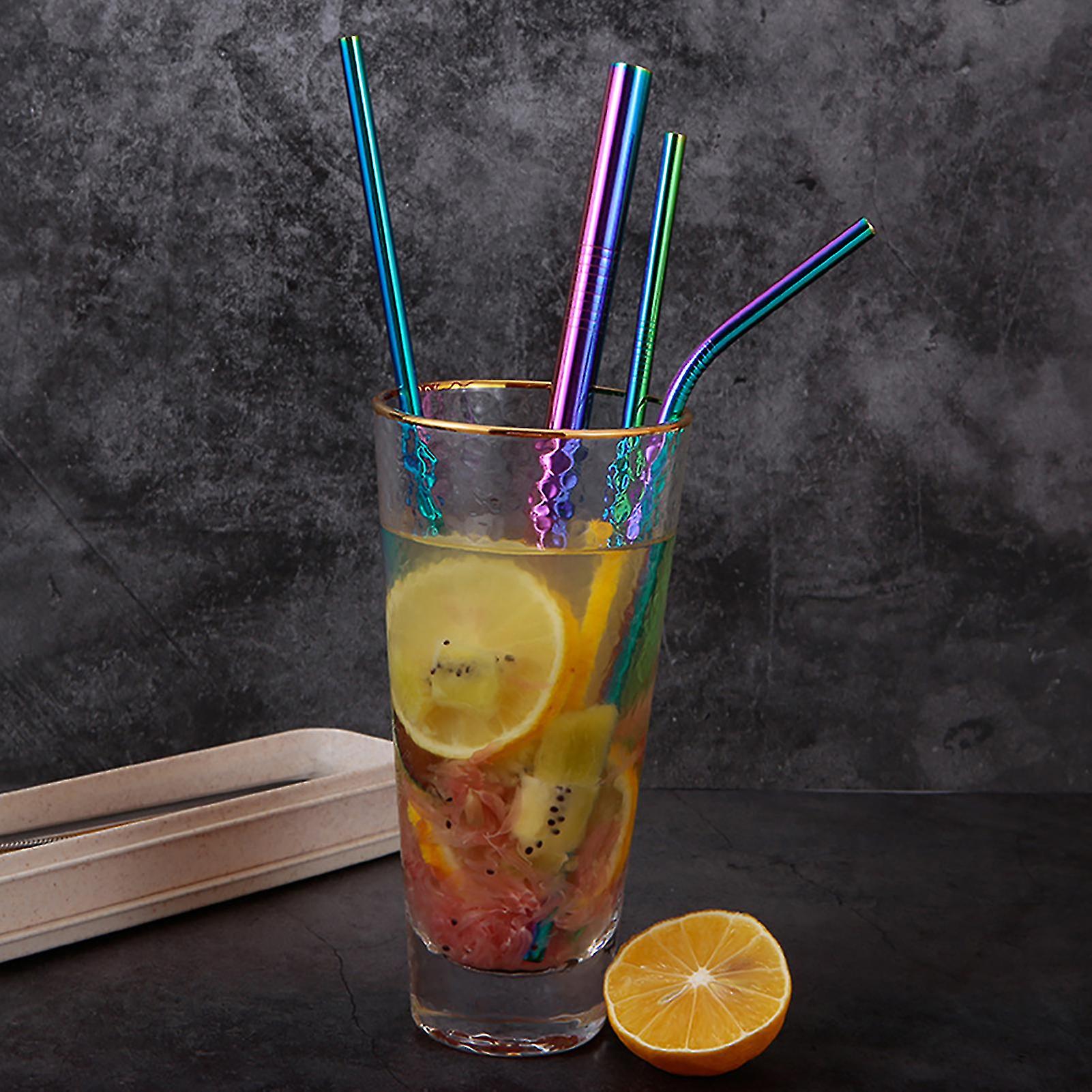 7pcs Reusable Stainless Steel Straws Spoon Drinking Flatware With Cleaning Brush