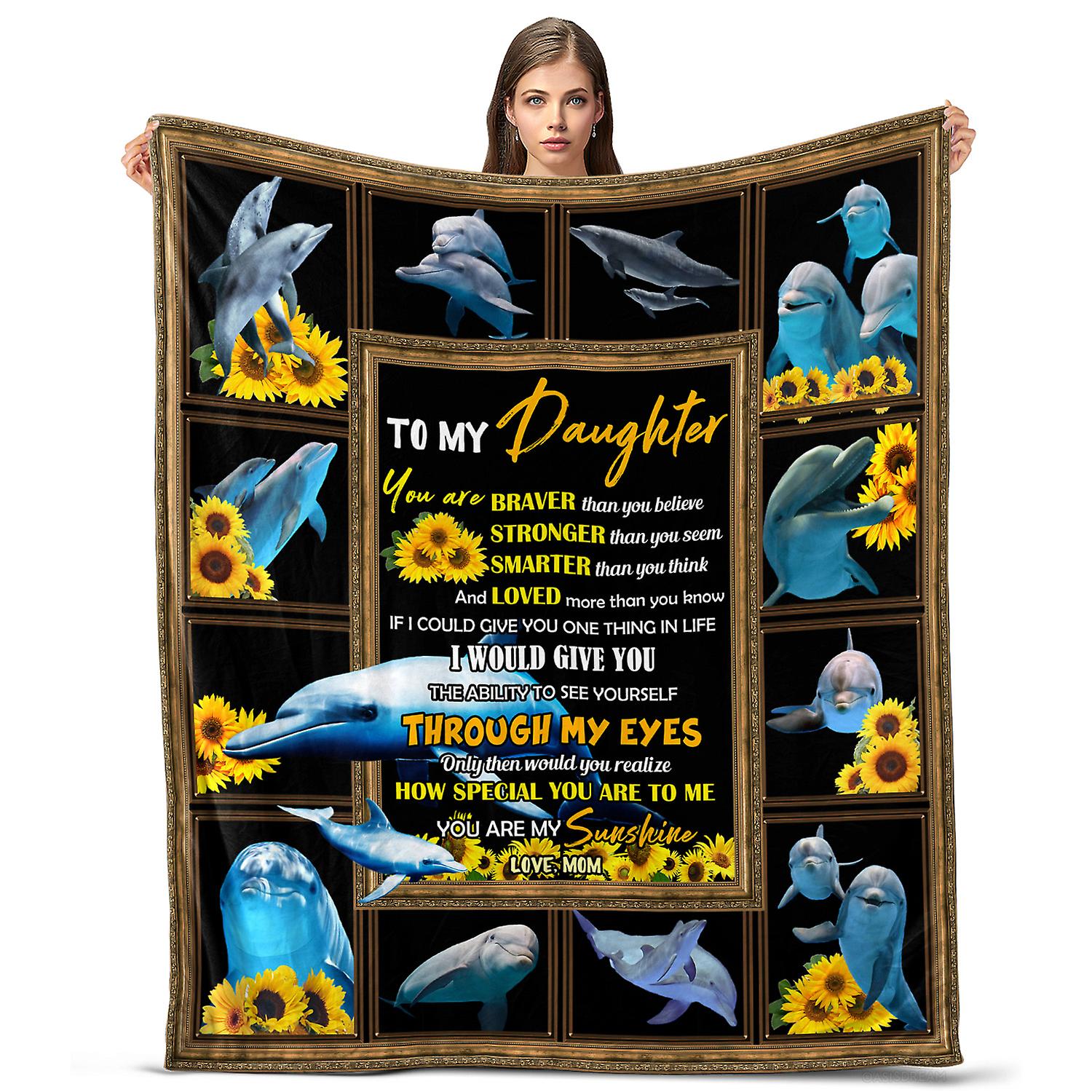 Oasisdream Throw Blanket To My Daughter for Home and Sofa from Mom, Skin Friendly with Cute Dolphin Print