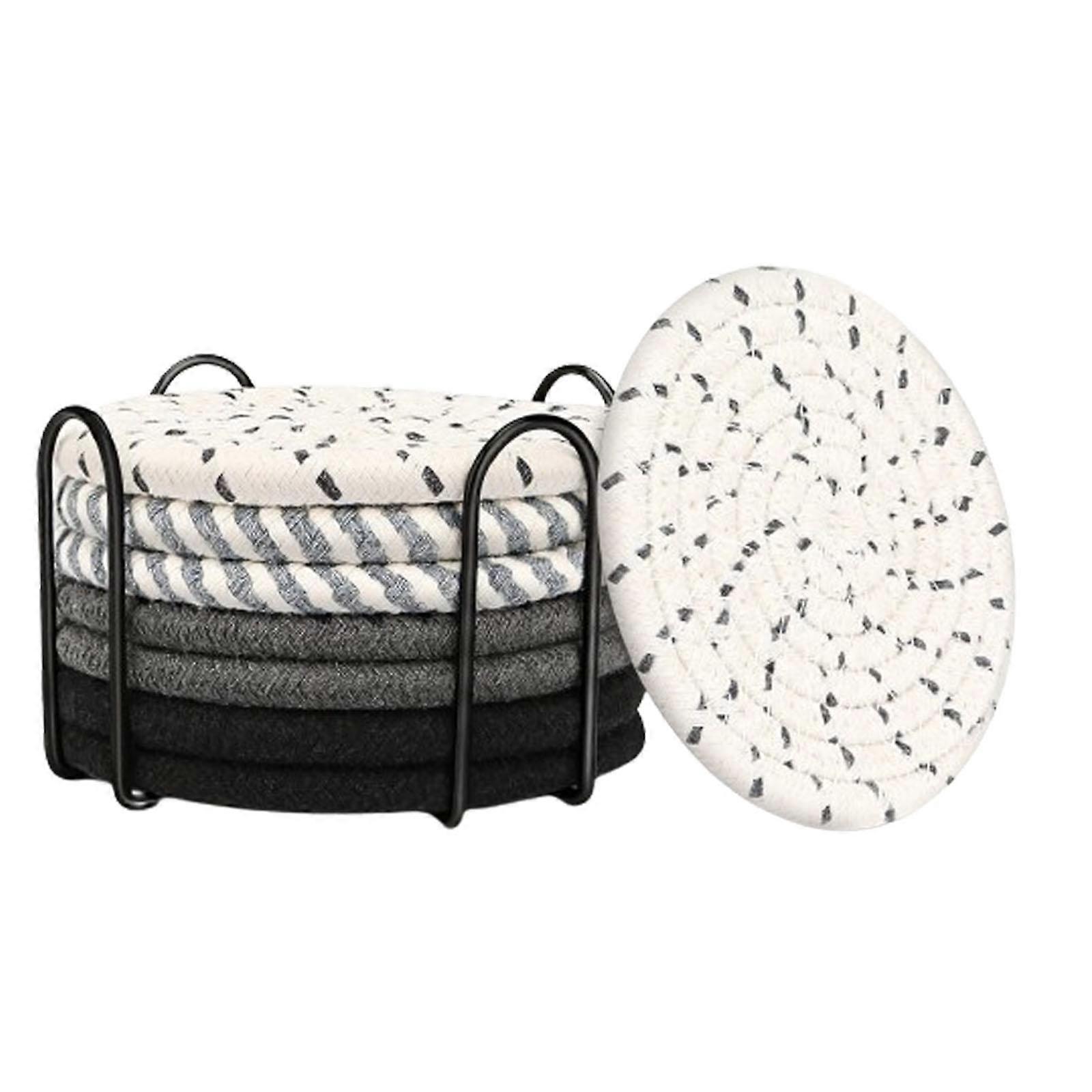 8Pcs Drink Coasters with Rack Woven Coasters for Kitchen Patio Home Counters Gray Theme