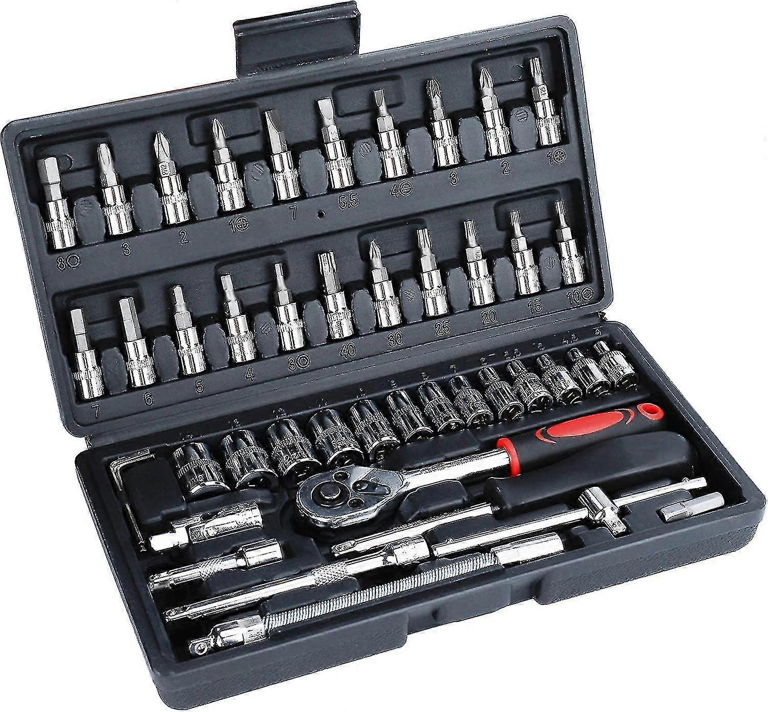 46-Piece 1/4 Socket Set - Carbon Steel Torque Wrench Socket Set with Ratchets, T-handle, Universal Joint, Ratchet Case Nut Set